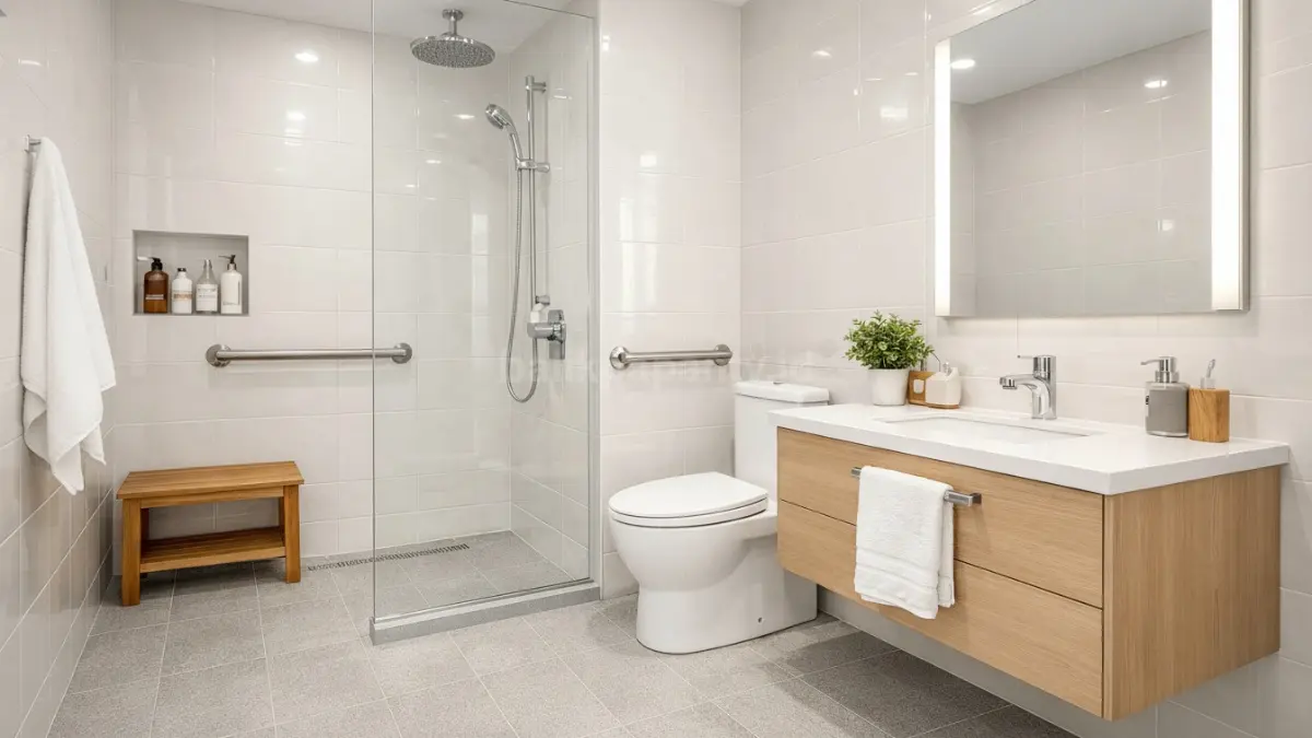 Kamar mandi minimalis dengan material tahan lembap dan anti licin.