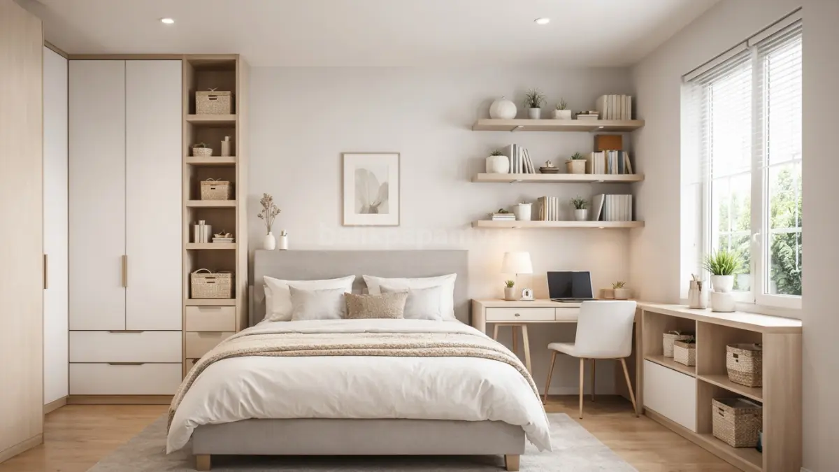 Kamar minimalis modern dengan storage multifungsi dan rak dinding rapi.