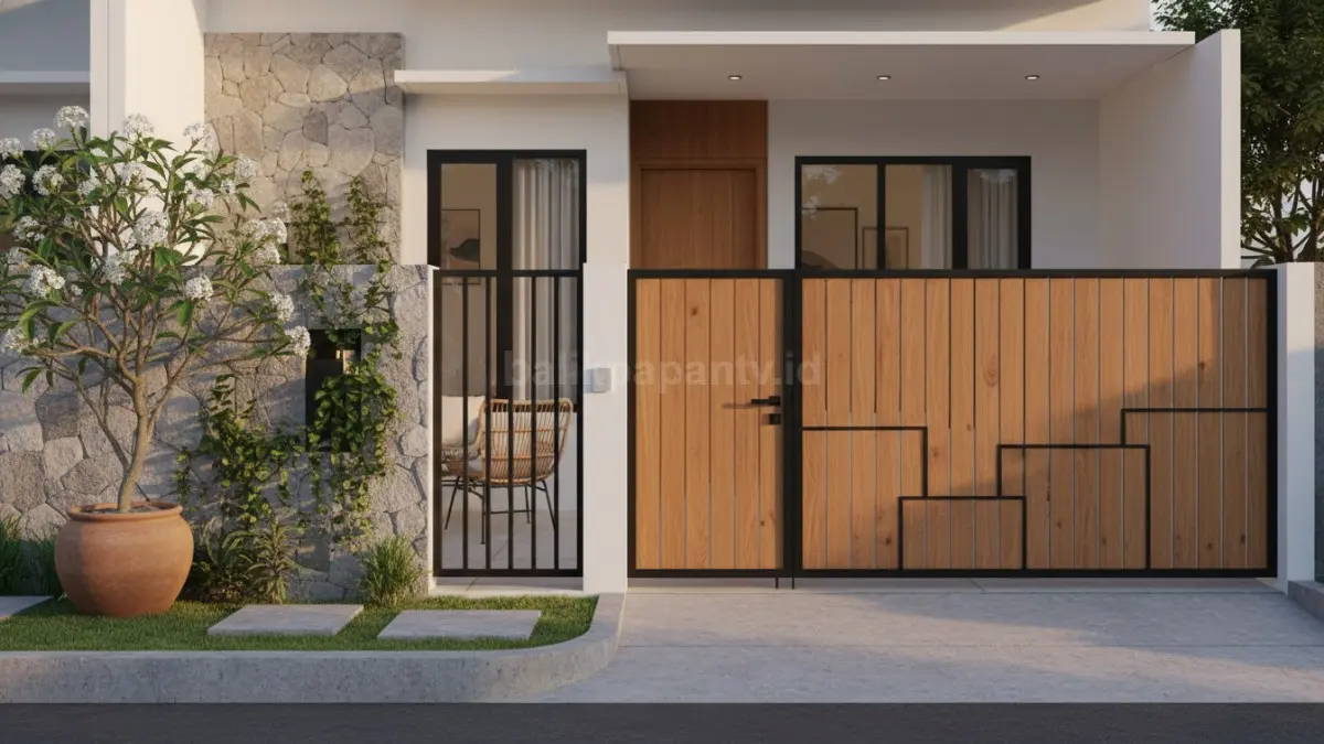 Pagar dan teras rumah minimalis modern dengan kombinasi kayu dan besi di Balikpapan