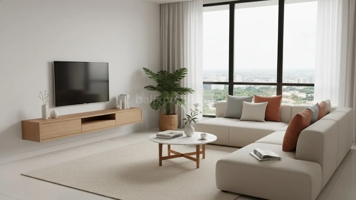 Rak TV minimalis modern dengan desain floating dan tampilan bersih
