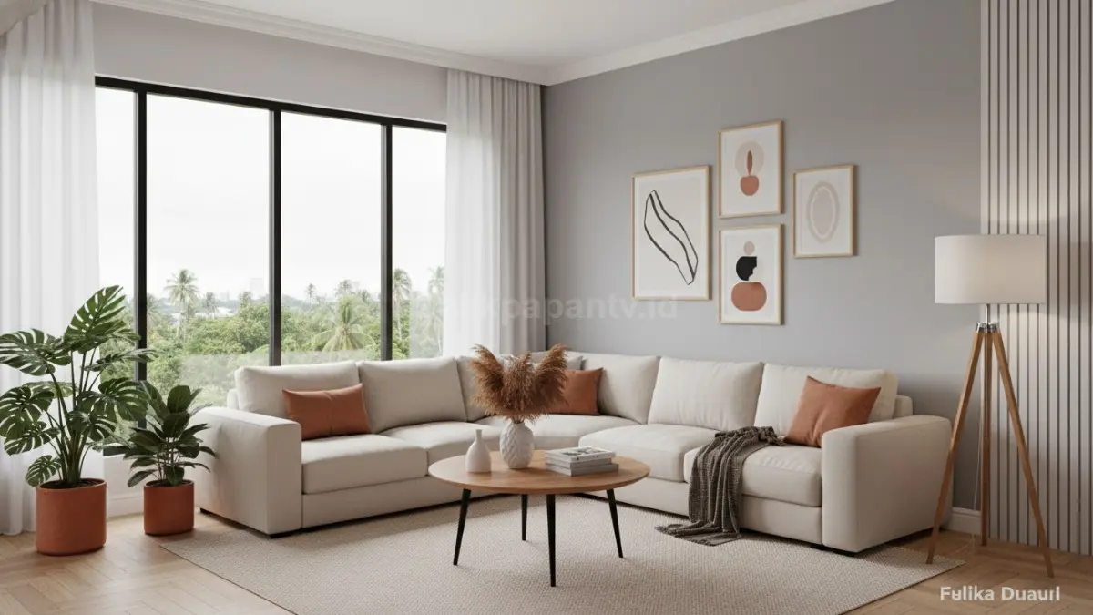 Ruang tamu modern dengan dinding PVC motif kayu hangat dan pencahayaan natural