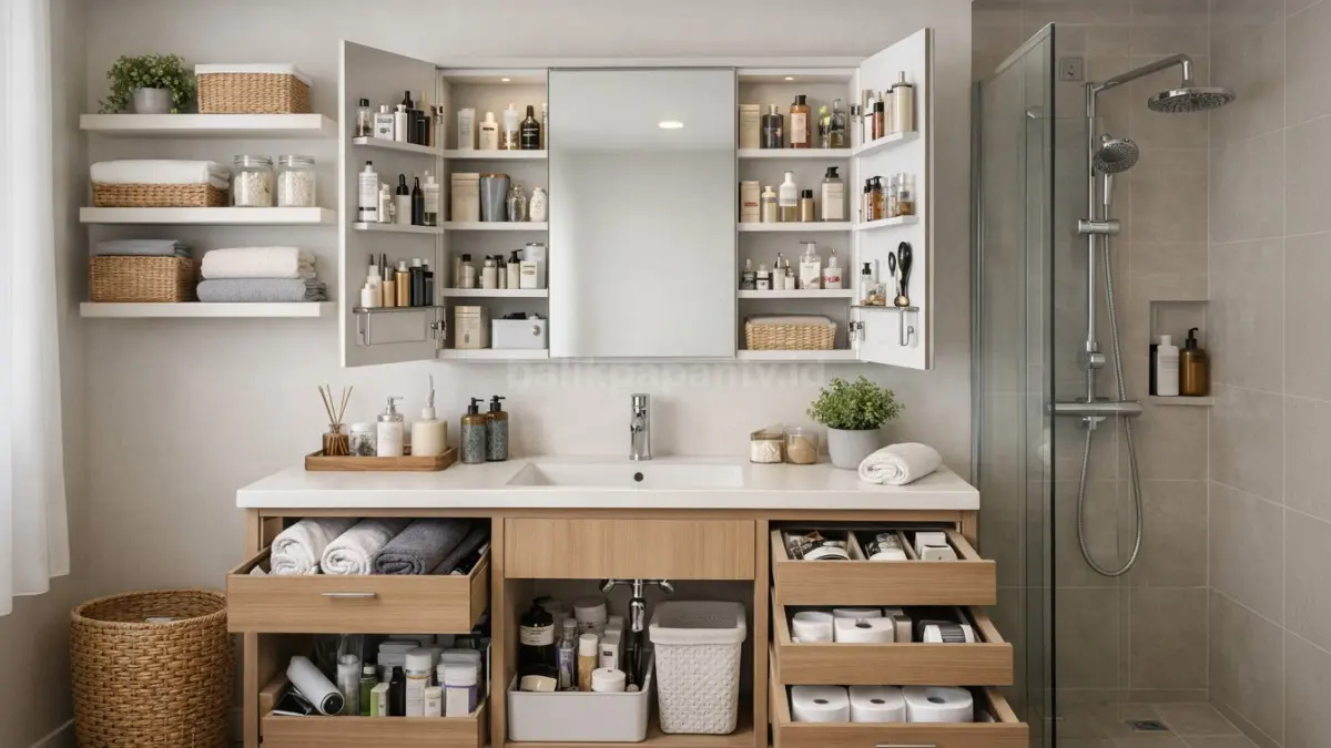 Storage tersembunyi dan multifungsi di kamar mandi minimalis.