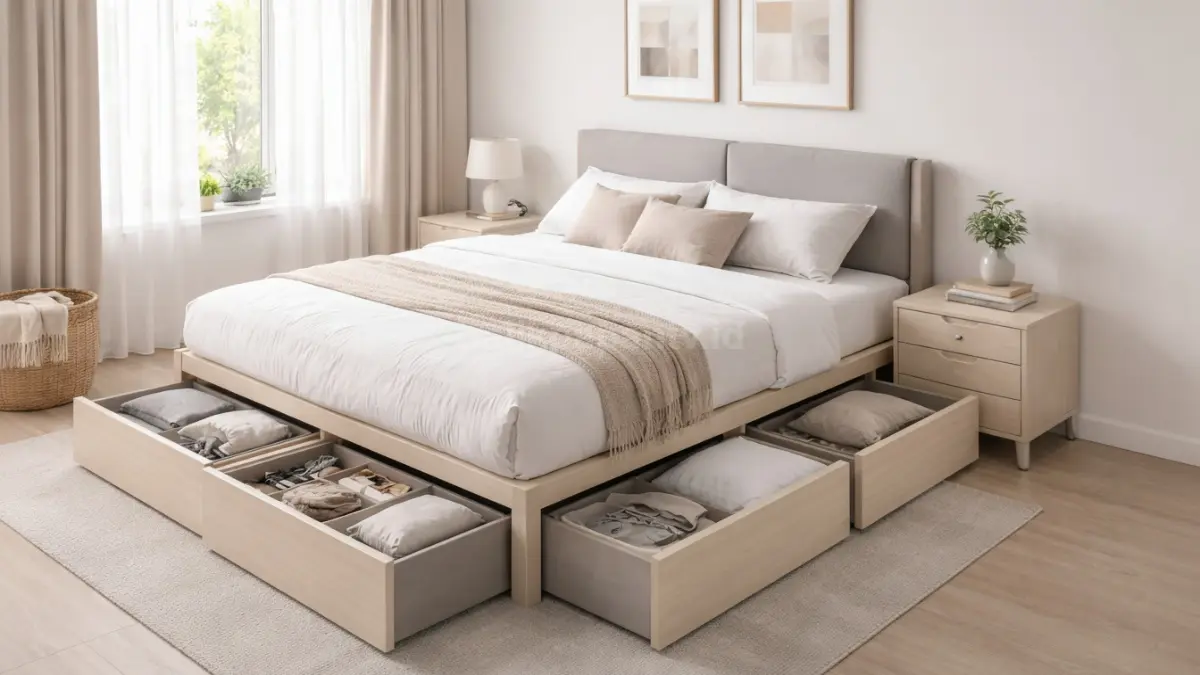 Tempat tidur dengan laci penyimpanan.