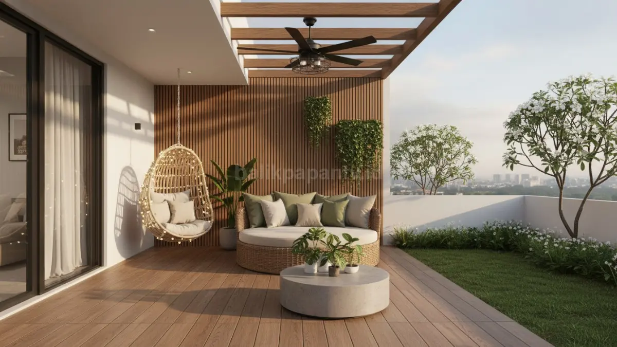 Teras rumah modern dengan furnitur santai dan tanaman hijau tropis