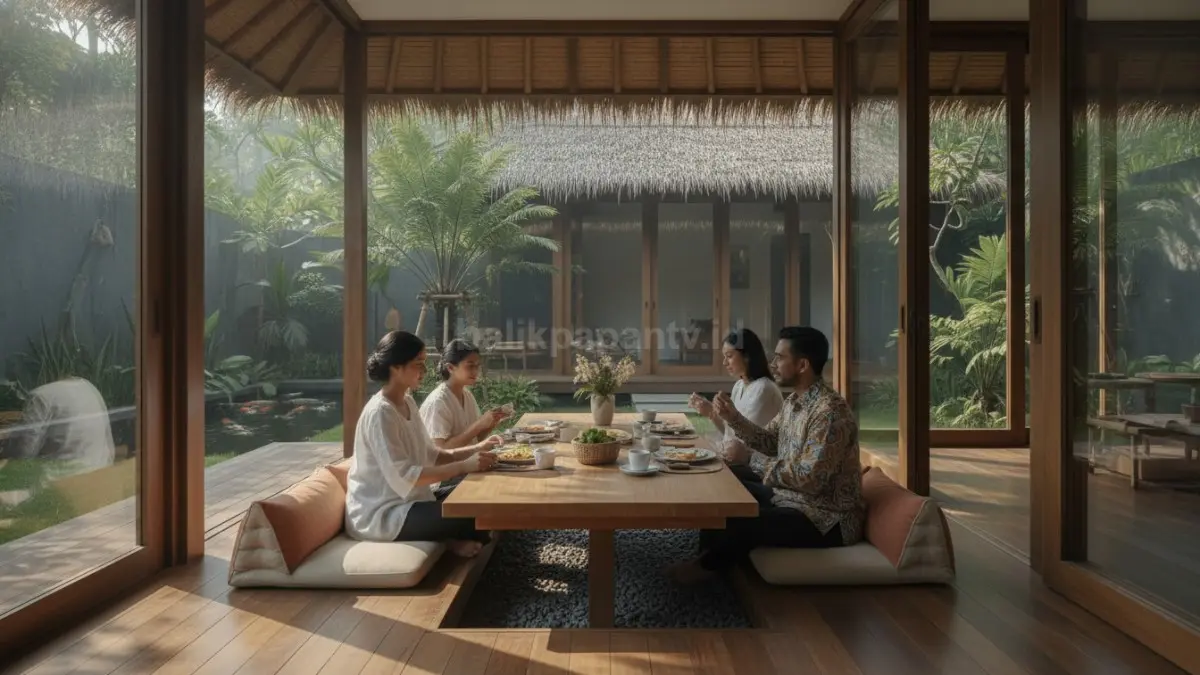 Area makan dengan meja tanam yang menyatu dengan lantai rumah minimalis