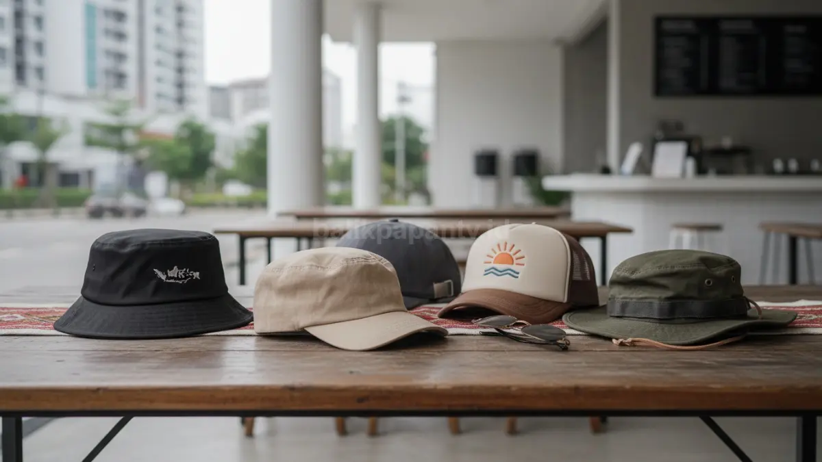 Beragam jenis topi seperti bucket hat dan baseball cap ditata rapi.