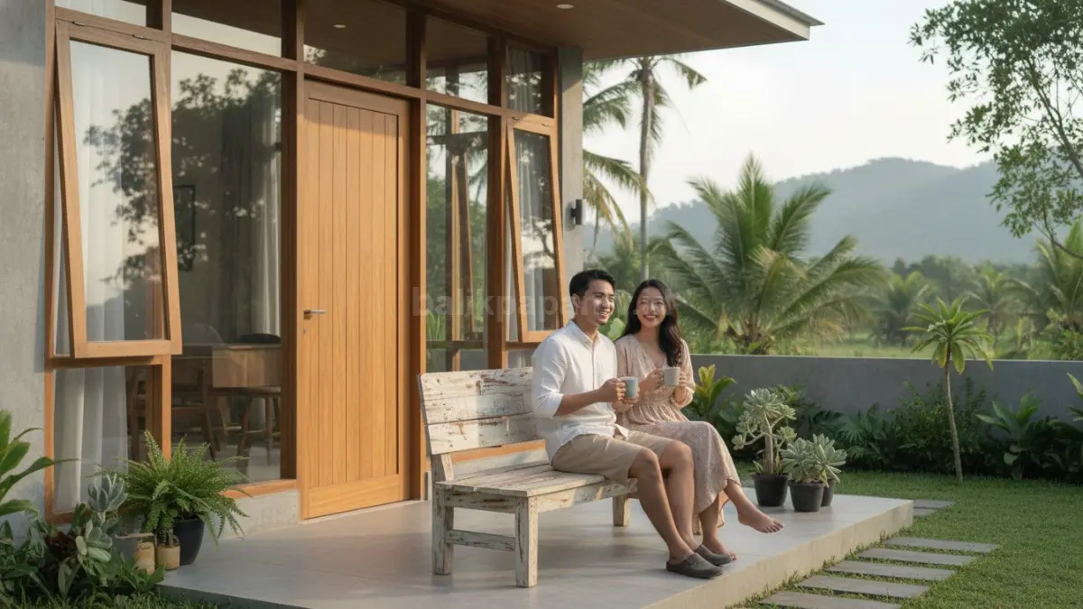 Contoh bangku mini dari kayu bekas di teras rumah minimalis