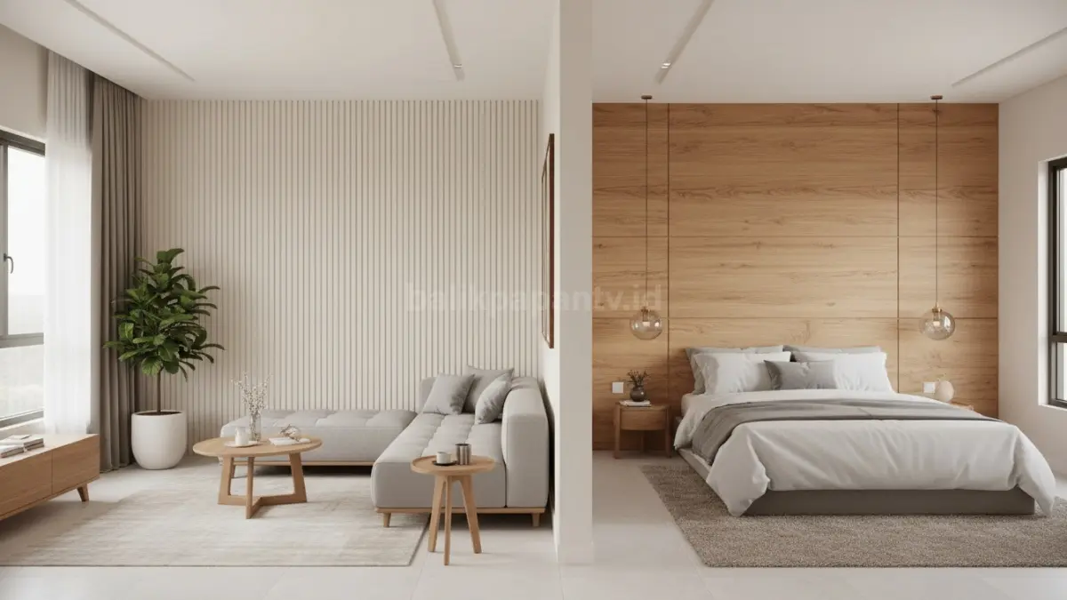Contoh kamar tidur dengan panel kayu natural sebagai fokus utama desain