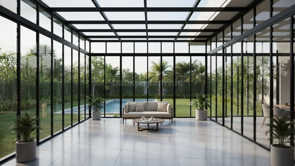 Contoh material kaca dan rangka aluminium pada teras rumah
