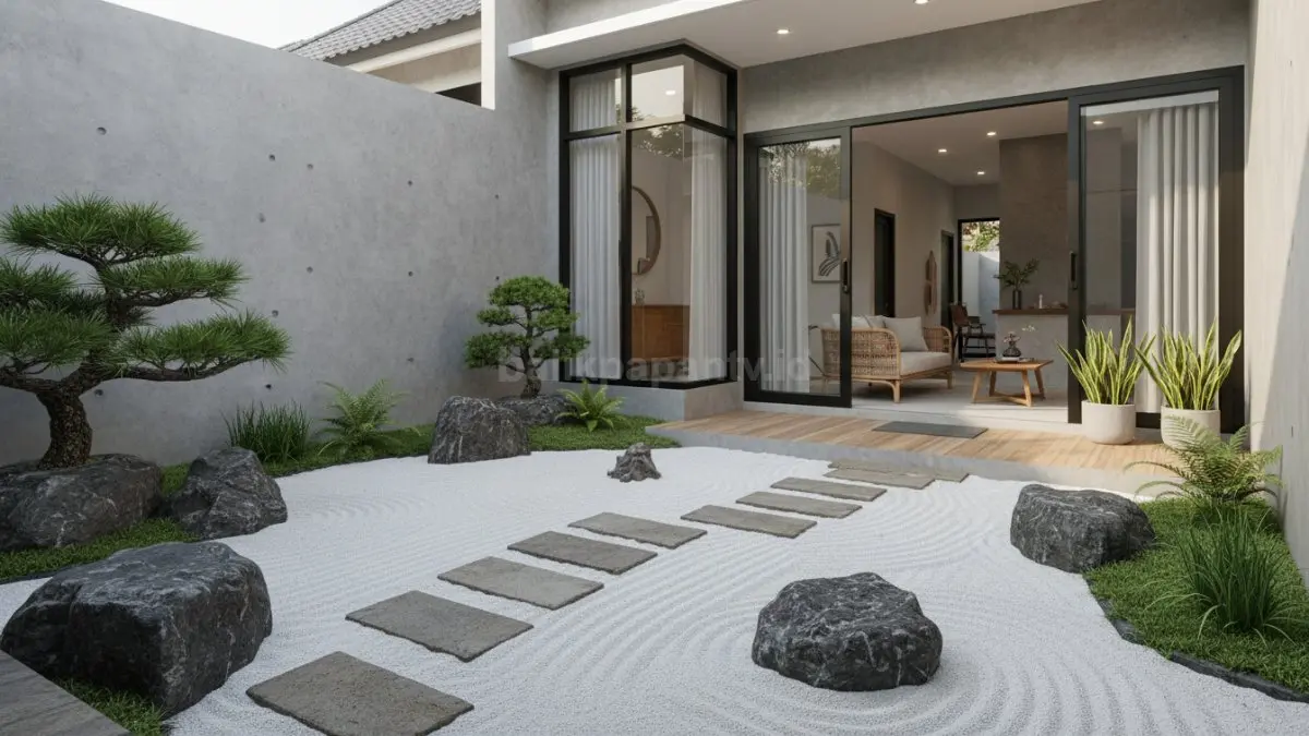 Contoh taman Jepang sederhana di sudut halaman rumah modern