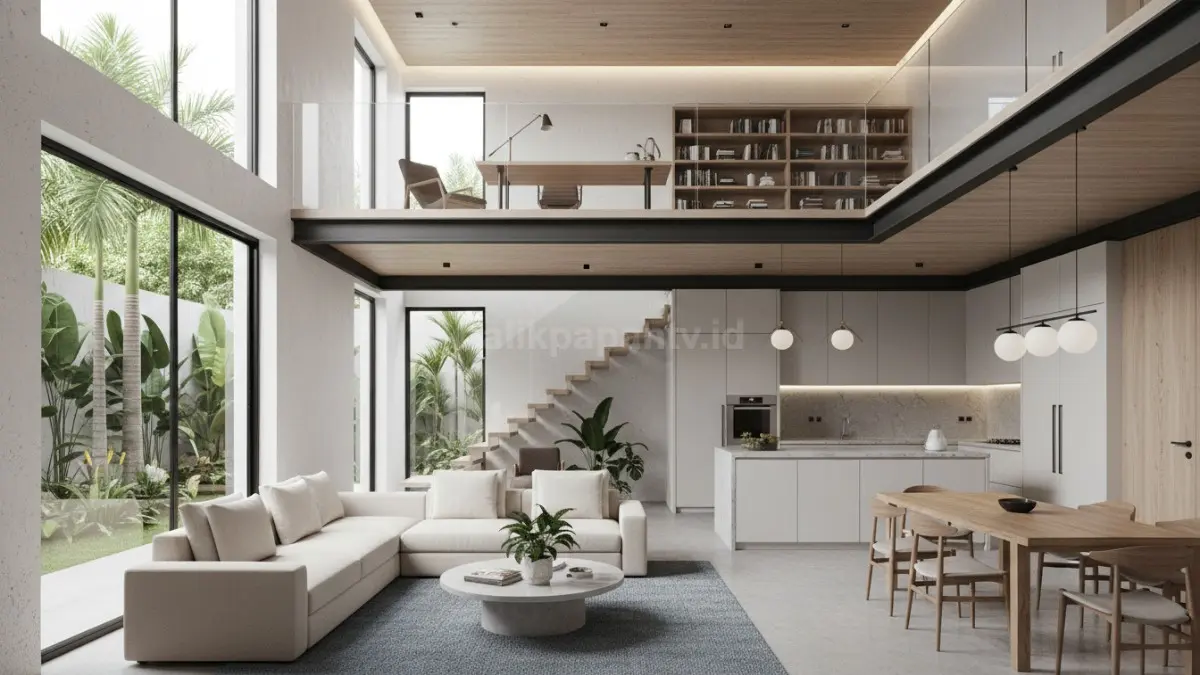 Desain interior open space dan mezzanine pada rumah minimalis modern
