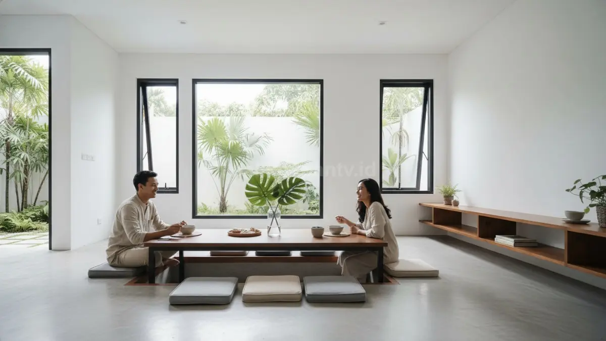 Desain meja makan tanam di lantai dengan konsep minimalis modern yang hemat ruang