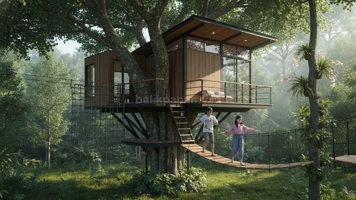 Desain platform rumah pohon dengan pagar pengaman sederhana