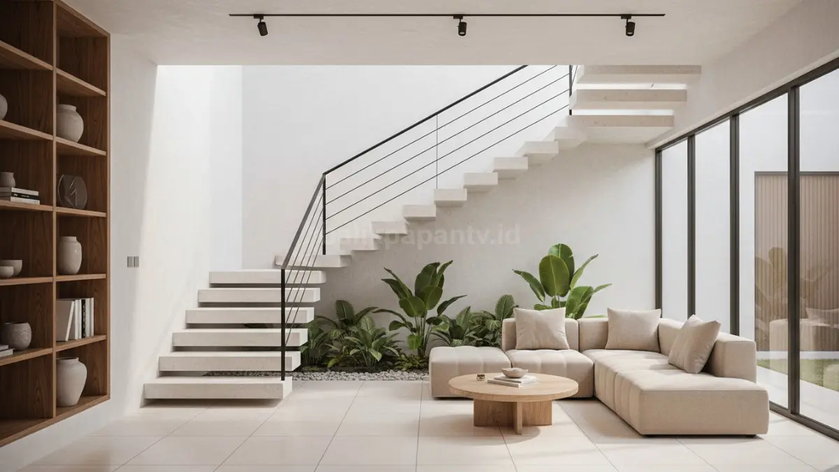 Desain tangga minimalis modern dengan kombinasi kayu dan besi, tampil bersih dan elegan di ruang tamu