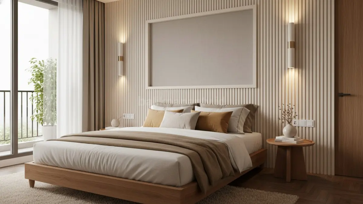 Desain wall panel kamar tidur modern dengan pencahayaan hangat yang bikin ruang terasa elegan