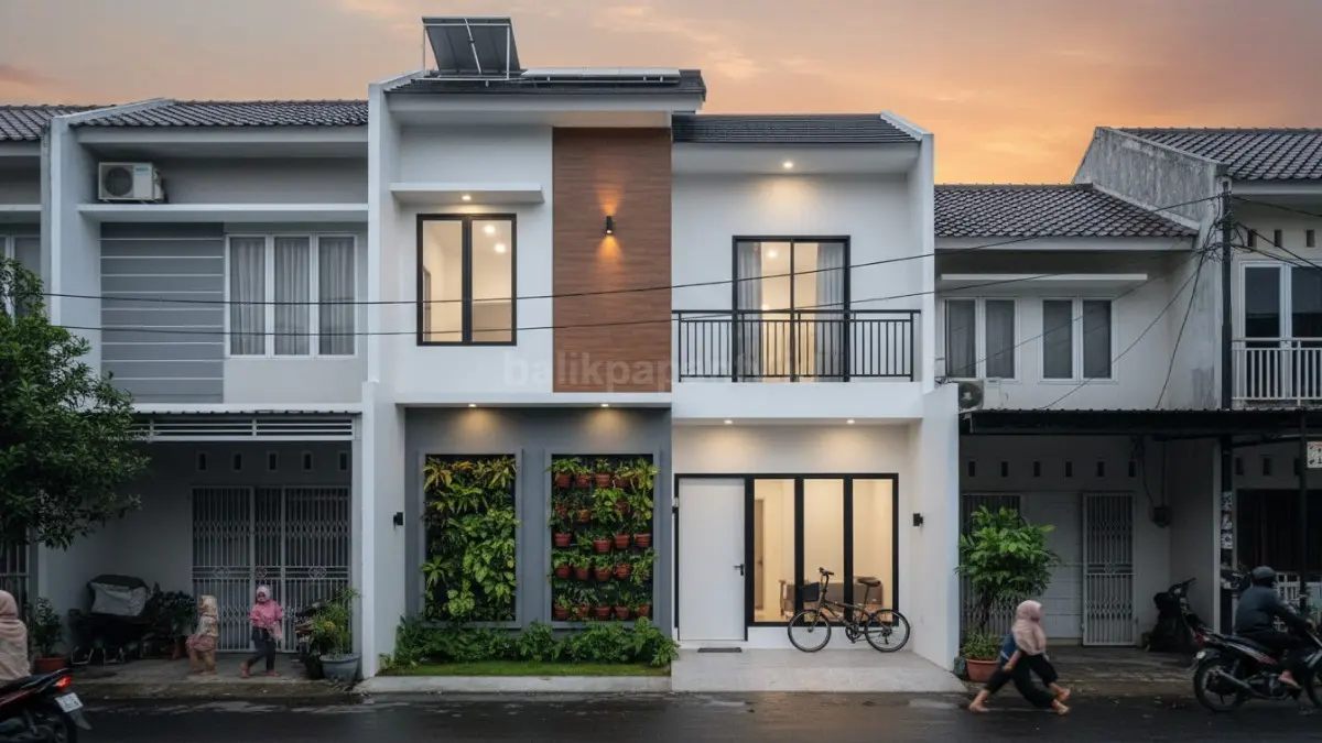 Ilustrasi rumah kecil di kawasan urban Indonesia dengan lahan terbatas