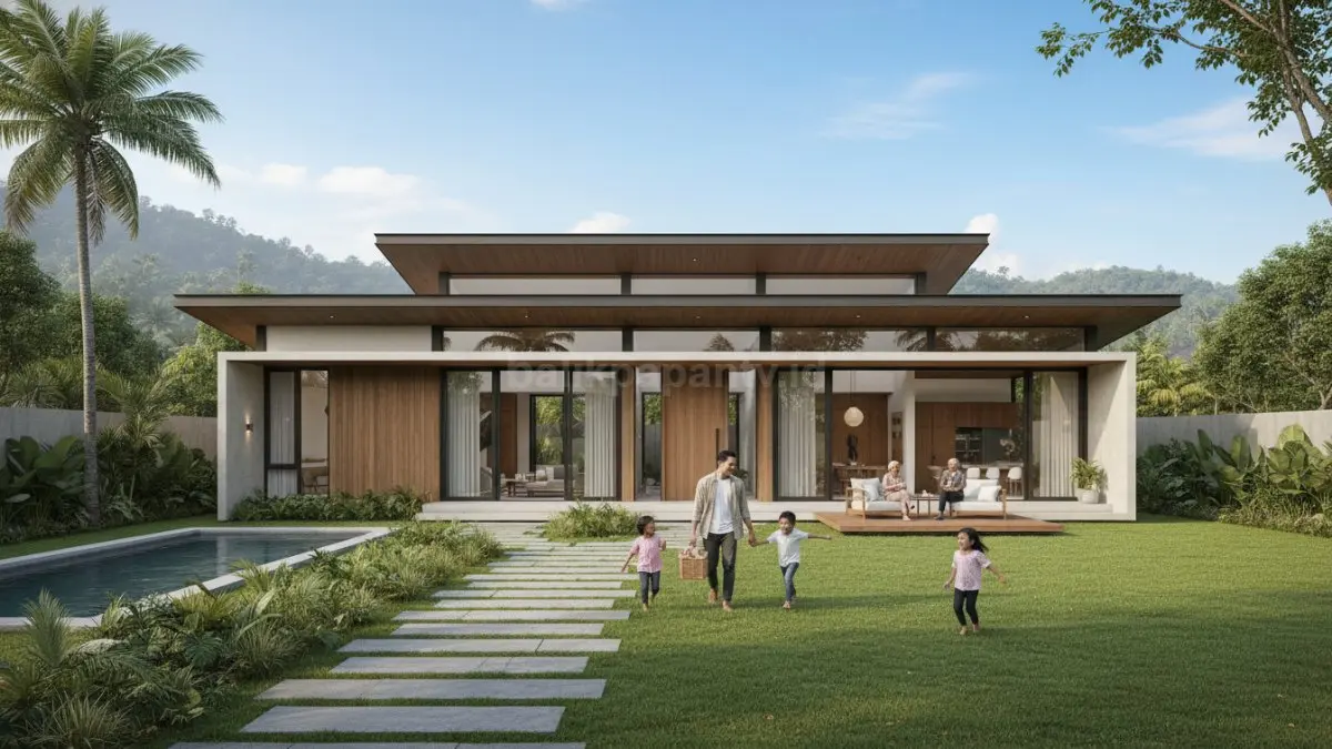 Ilustrasi tata ruang terbuka rumah satu lantai yang nyaman