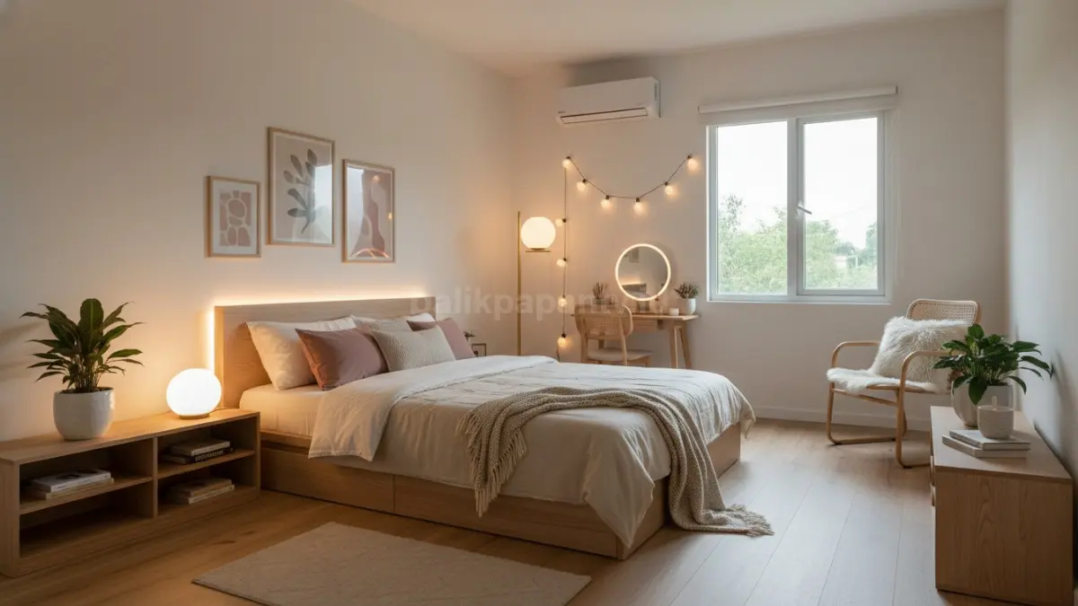 kamar aesthetic Korean cozy dengan pencahayaan hangat dan dekorasi minimalis