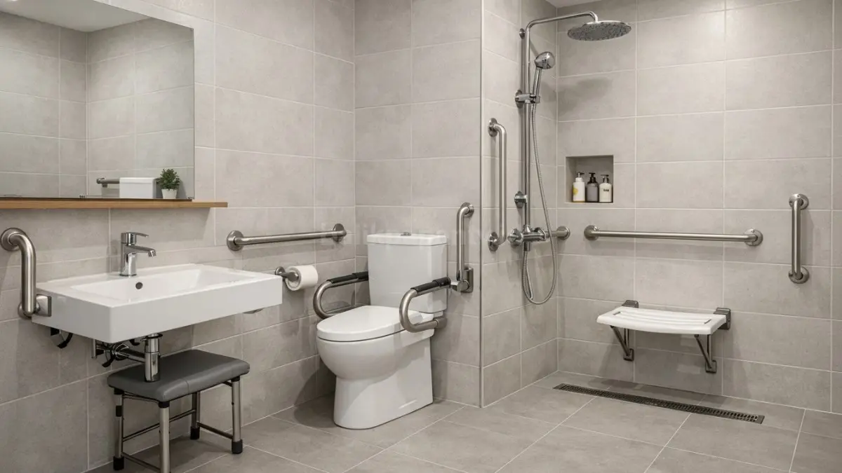 Kamar mandi minimalis dengan elemen ergonomis dan aksesibilitas.