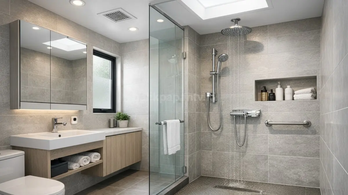 Kamar mandi minimalis modern dengan shower hemat air dan storage tersembunyi.