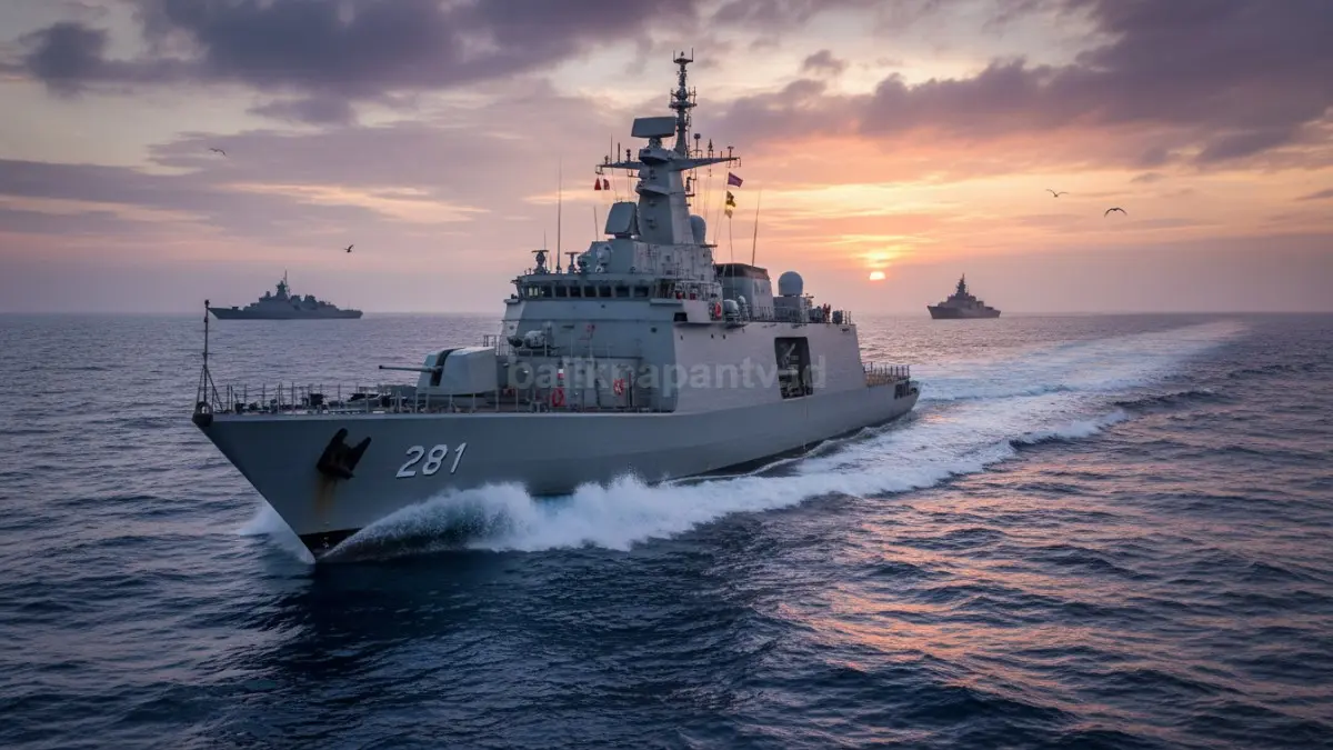Kapal militer patroli di perairan internasional menunjukkan eskalasi konflik.
