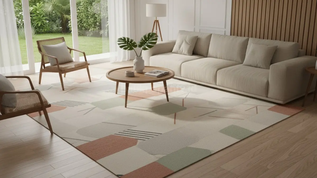 Karpet motif modern di ruang tamu minimalis yang langsung mencuri perhatian