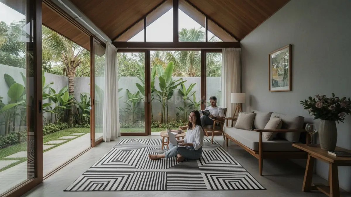 : Karpet pola geometris di ruang tamu minimalis yang menciptakan efek luas visual