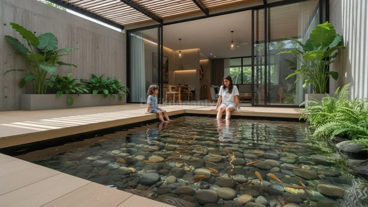 Kolam ikan dangkal untuk terapi kaki dengan air jernih

