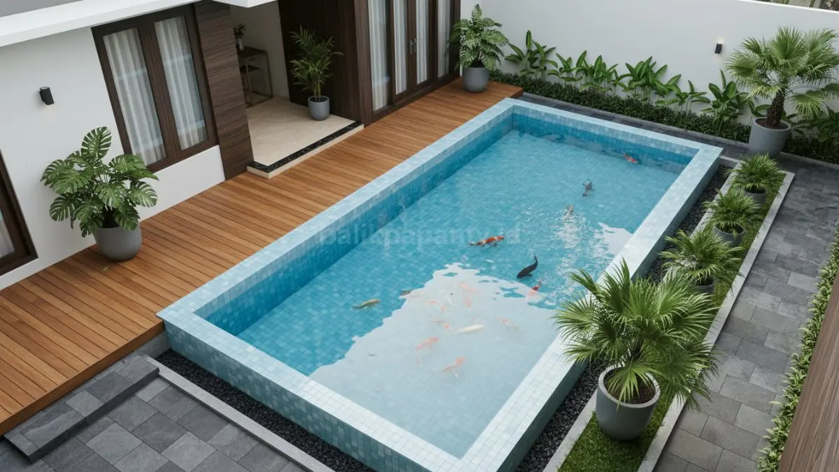 Kolam ikan dari keramik dengan tampilan bersih dan rapi di halaman rumah
