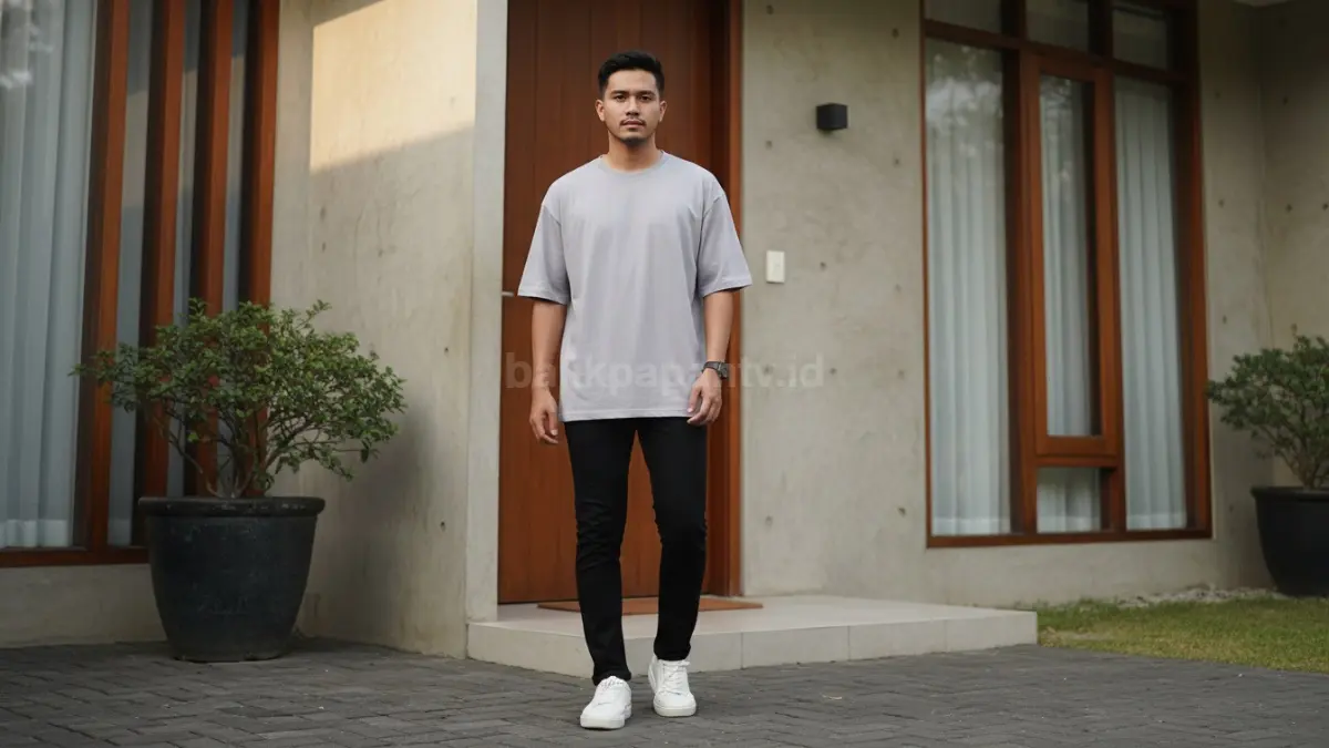 Kombinasi kaos oversize dengan celana slim fit yang seimbang