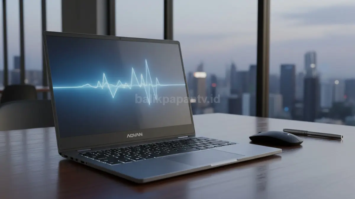 Laptop Advan Workplus dengan desain metal dan tampilan profesional.