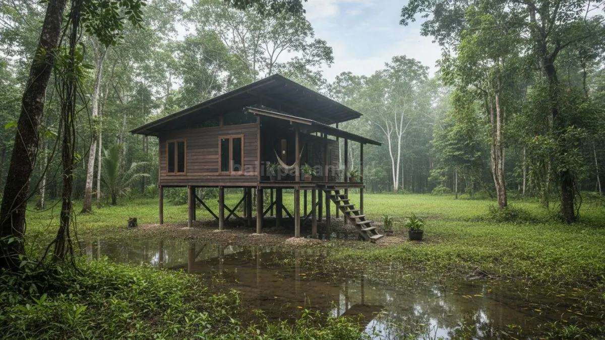 Model rumah kayu panggung sederhana untuk lahan lembap