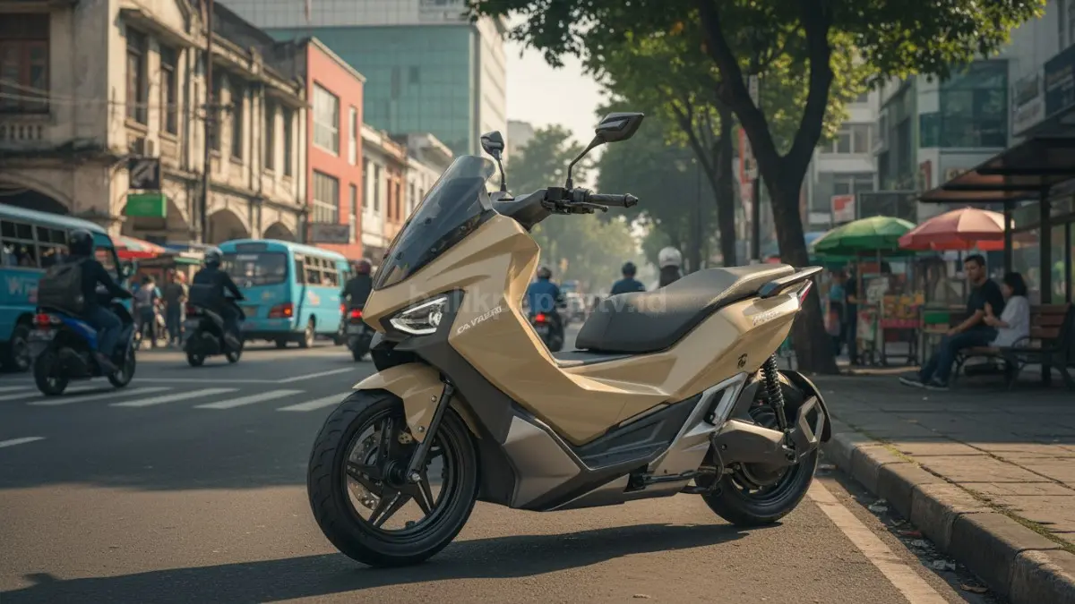 Motor listrik Maka Cavaleri dengan desain futuristik di jalan kota modern.