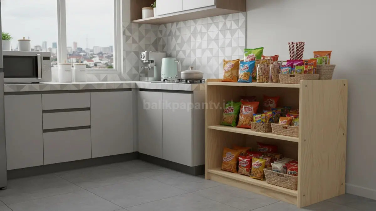Rak snack triplek minimalis di dapur kecil yang rapi dan modern