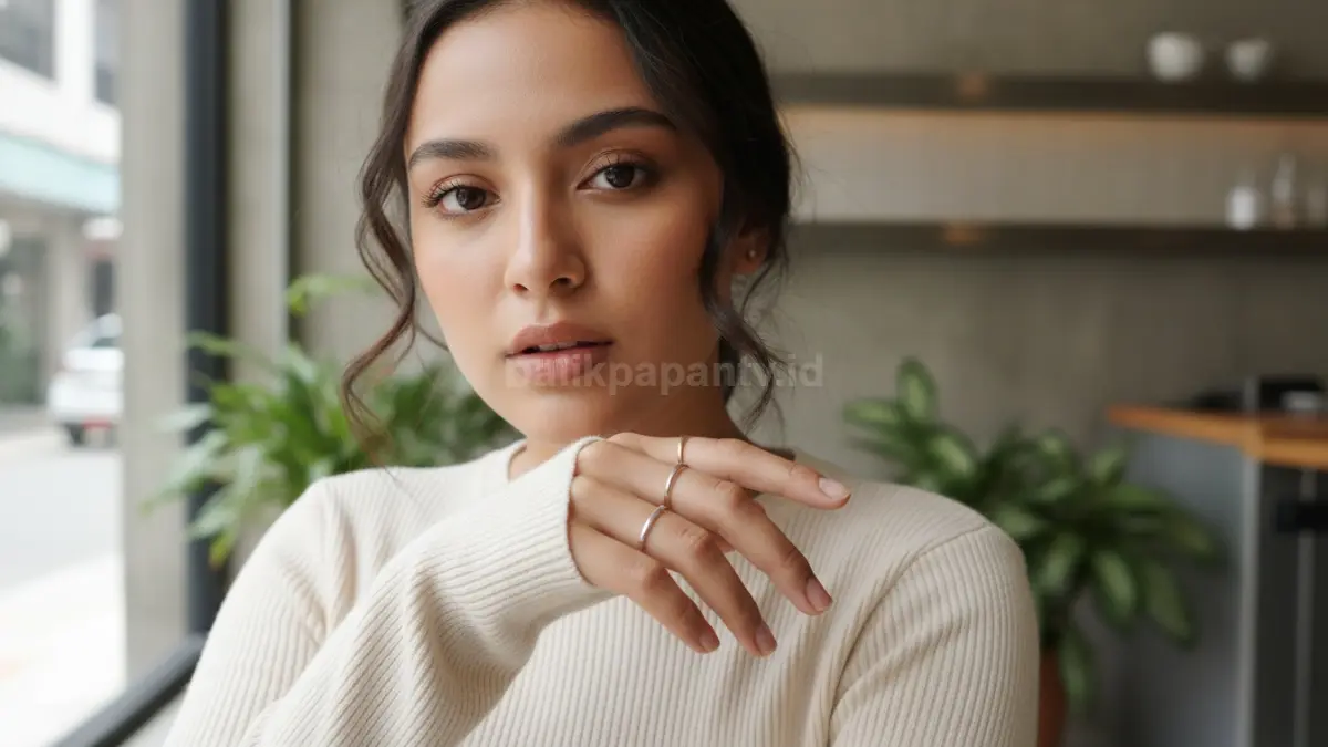 Remaja memakai cincin tipis sederhana sebagai bagian gaya harian modern.