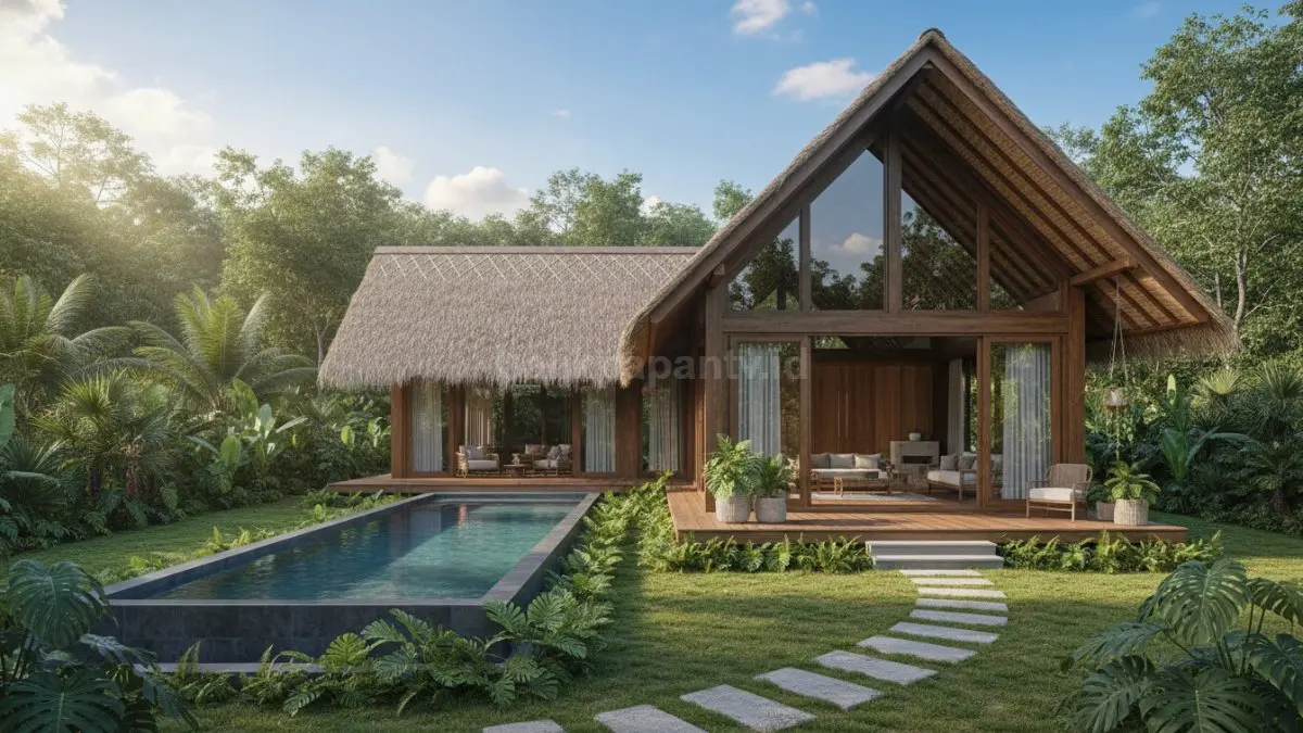 Rumah kayu minimalis modern dengan desain tropis di halaman rumah