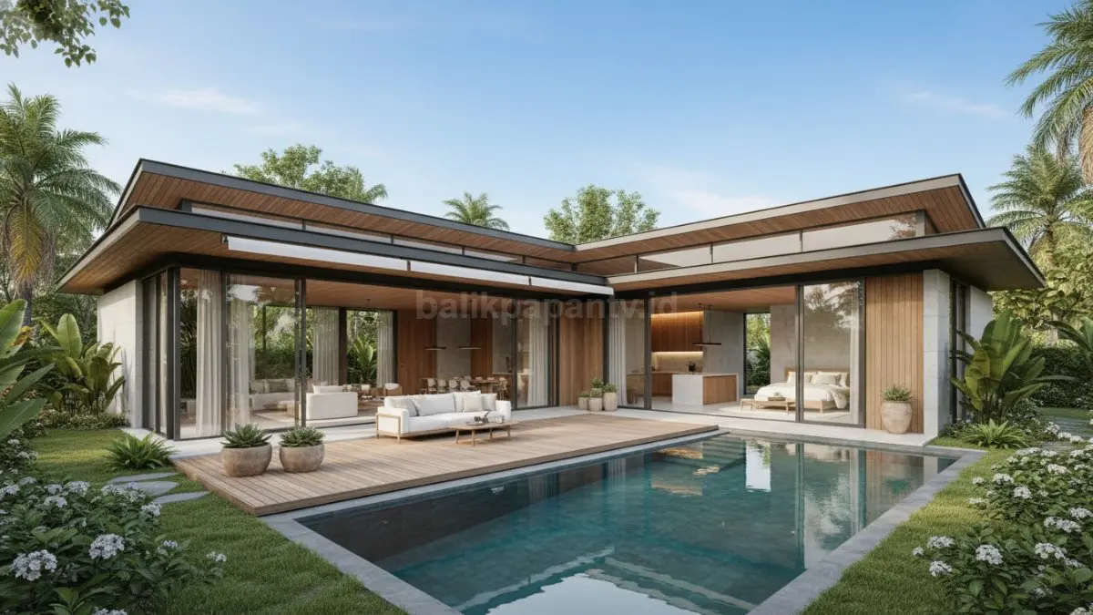 Rumah mewah satu lantai modern dengan taman luas dan desain minimalis elegan