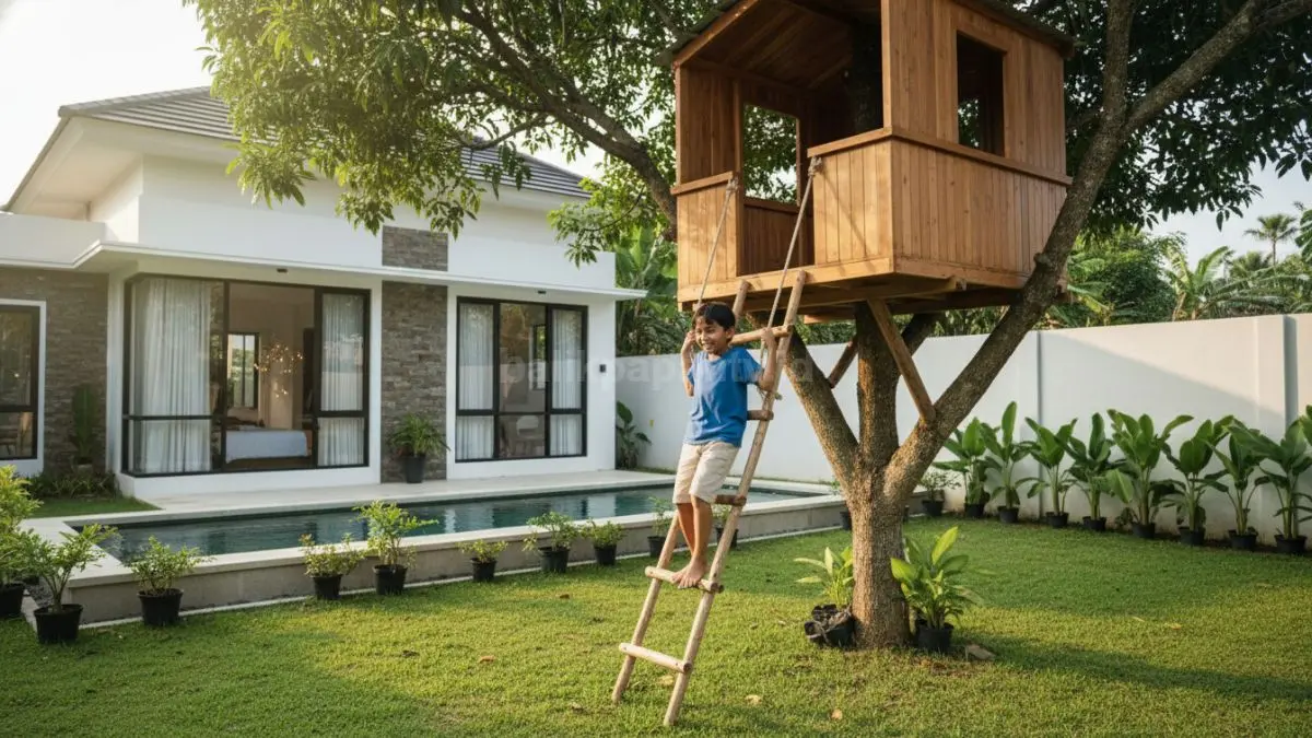 Rumah pohon anak minimalis di halaman rumah tropis modern