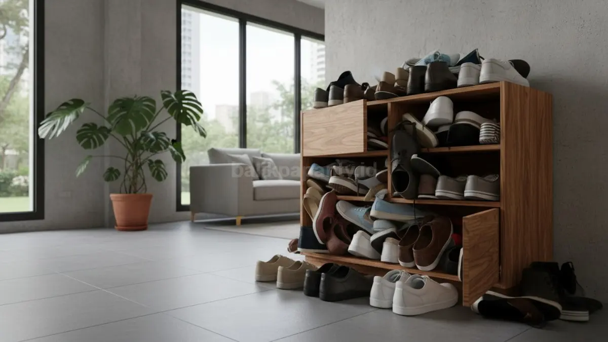 Sepatu bercampur dalam rak yang terlihat penuh dan berantakan
