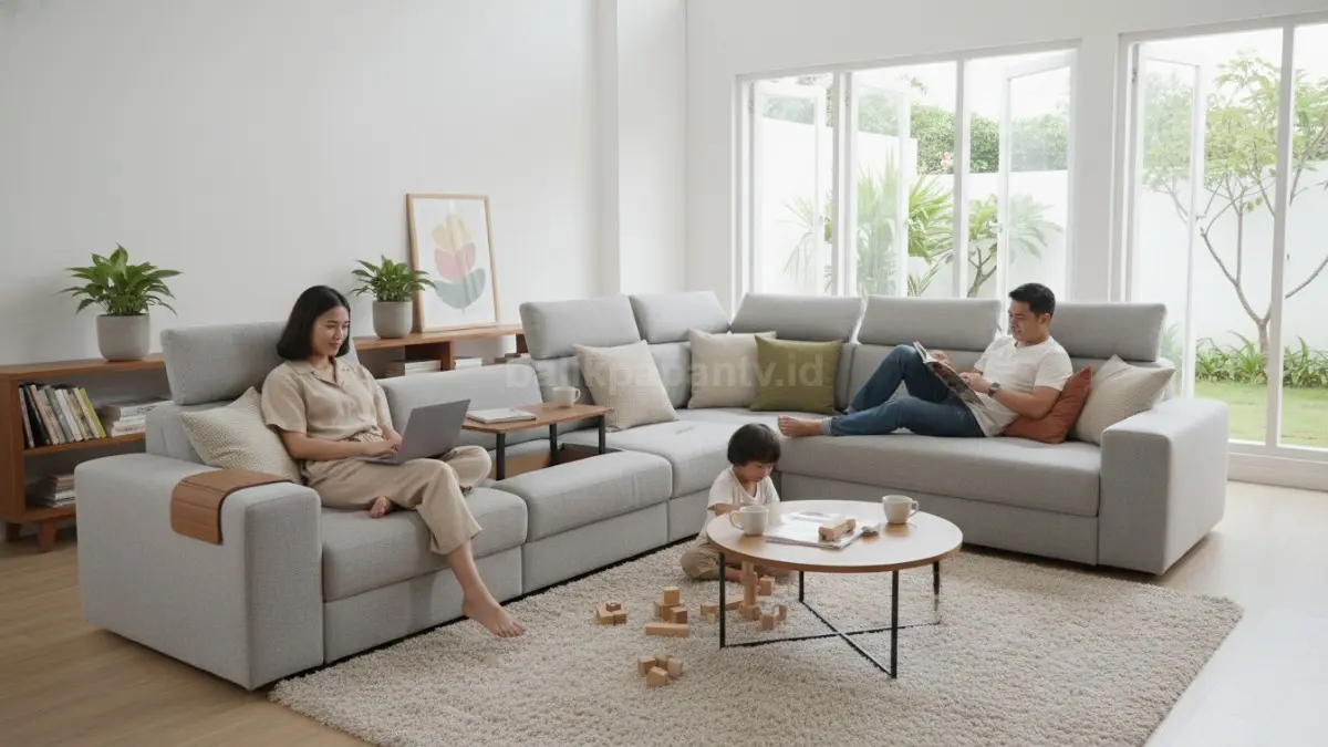 Sofa santai modern di ruang keluarga minimalis, nyaman dan estetik untuk rebahan