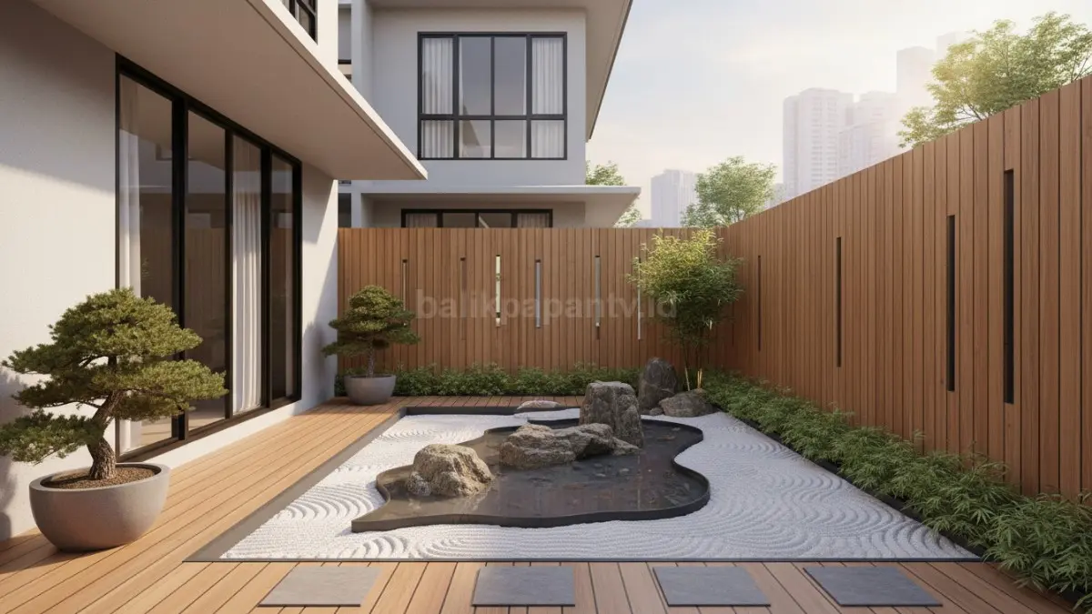 Taman Jepang minimalis di halaman rumah kecil dengan batu alam dan tanaman hijau
