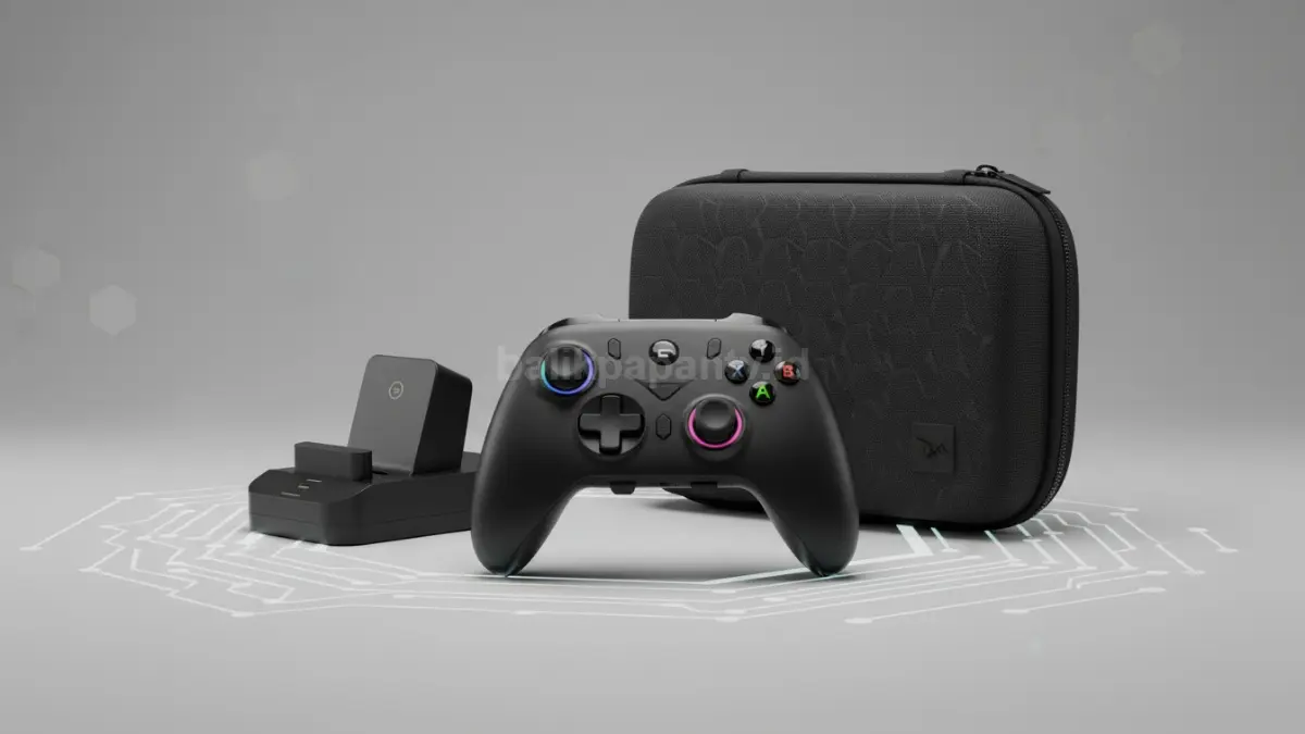 Tampilan Daxa Cygnus AX7 dengan docking charger dan carrying case premium.