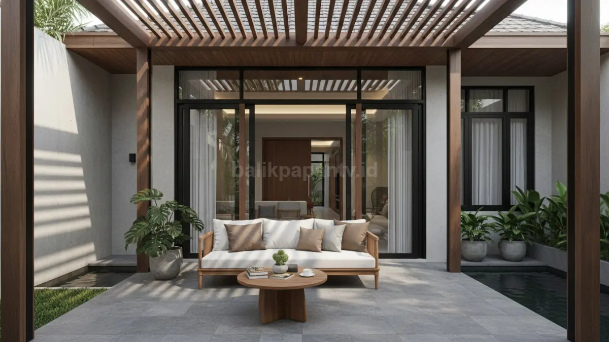 Tampilan teras depan rumah tertutup dengan desain modern dan pencahayaan alami
