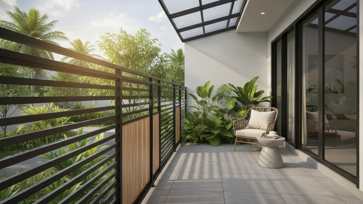 Teras rumah minimalis dengan pagar kayu modern, estetis dan fungsional