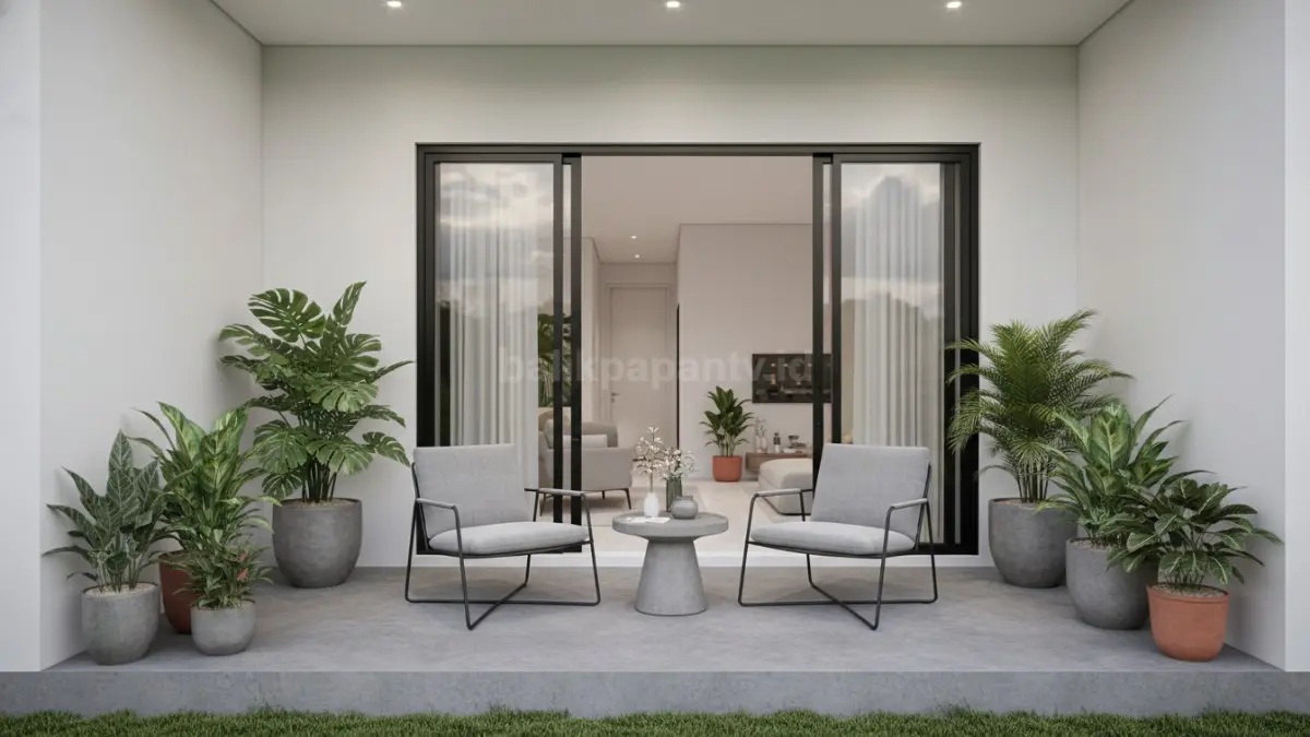 Teras rumah minimalis modern dengan kursi santai dan tanaman hijau