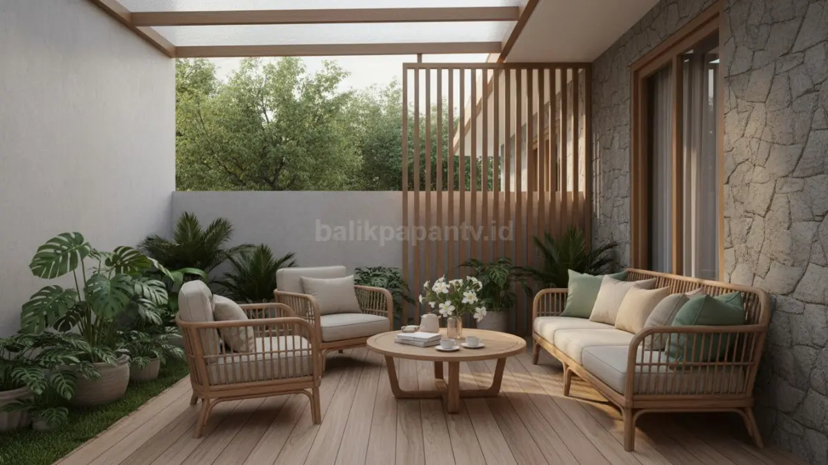 Teras rumah modern dengan tanaman hijau dan furnitur minimalis, nyaman untuk santai.