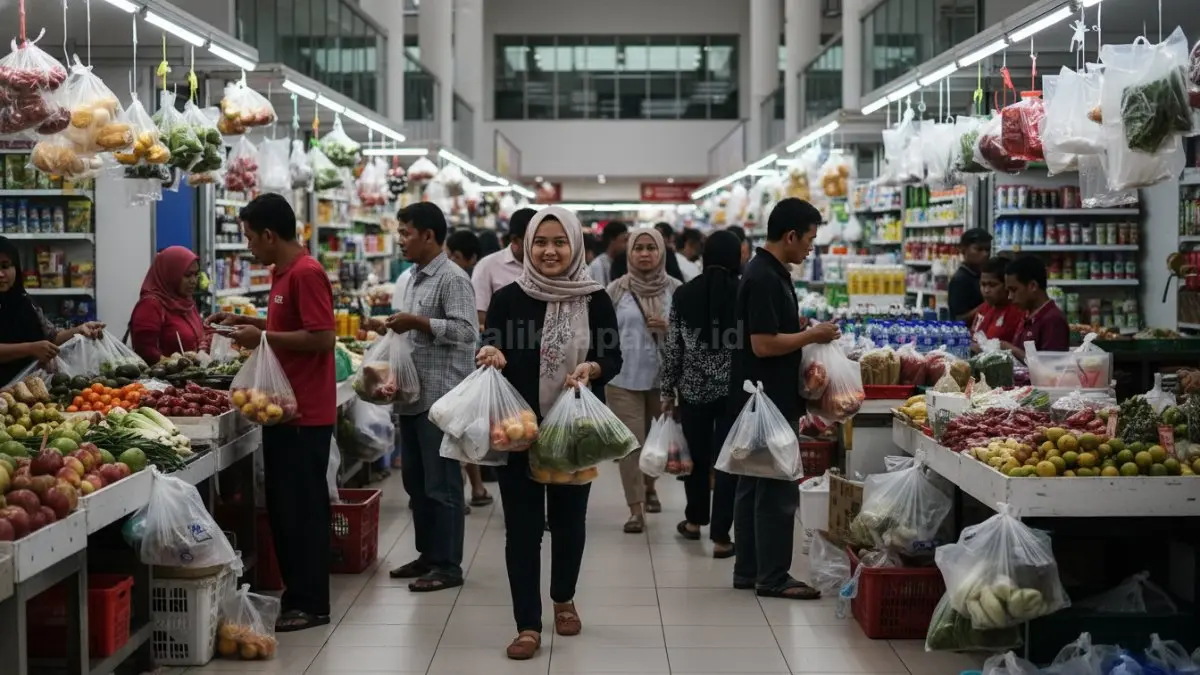 aktivitas belanja di pasar modern dengan penggunaan plastik sekali pakai yang tinggi
