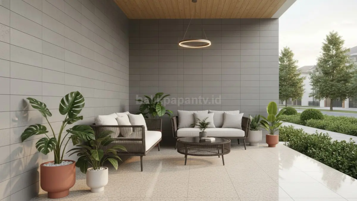 Contoh konsep teras rumah dengan dinding keramik minimalis yang bersih dan estetik
