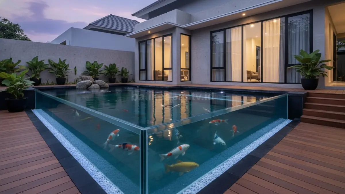 Desain kolam ikan modern dengan panel kaca dan pencahayaan LED

