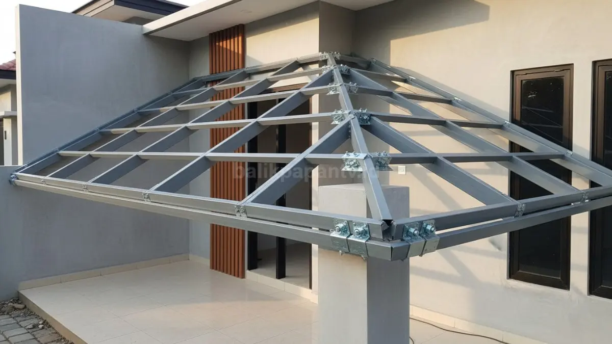 Detail pemasangan baja ringan pada teras rumah dengan sambungan baut presisi
